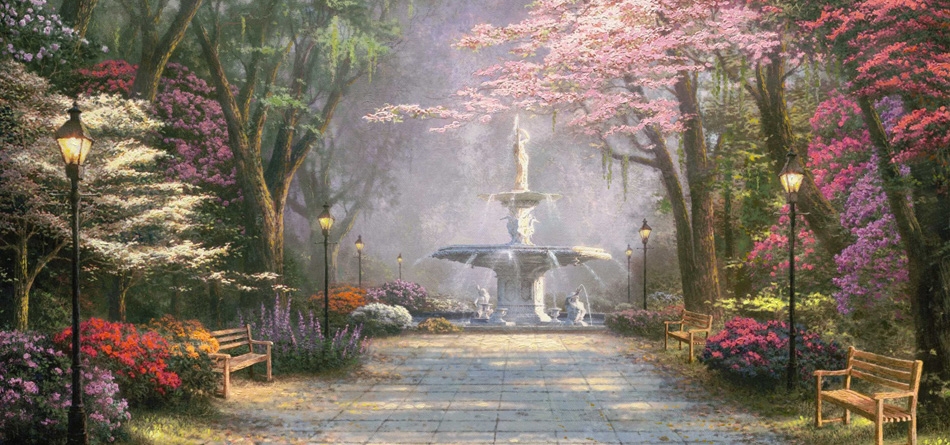 森林浪漫,花园,喷泉,椅子,路灯,世外桃源,托马斯·金凯德,精美风景画壁纸