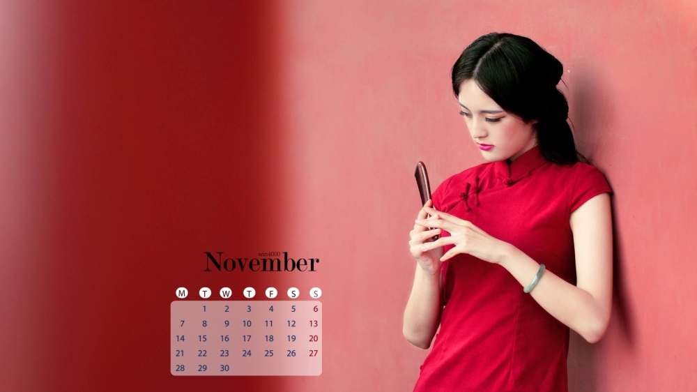 2016年11月日历唯美性感红衣美女高清电脑桌面壁纸