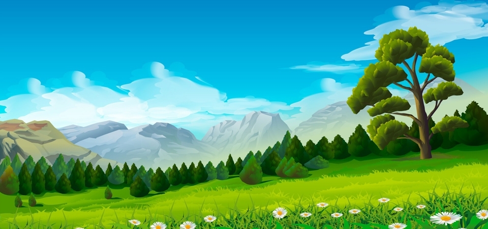 风景,草甸,雏菊,山,树,精美风景绘画桌面壁纸