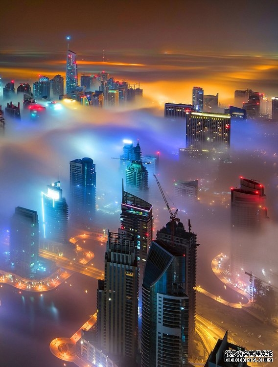 高空拍摄迪拜雾中的城市夜景图片