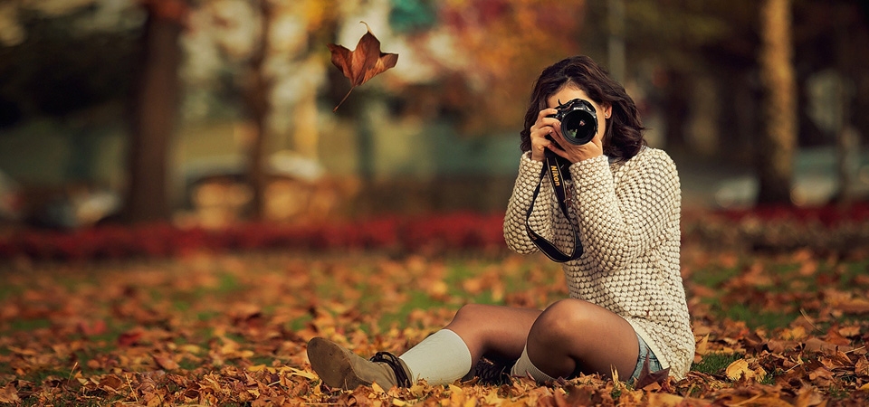黄色的秋天 树叶 树木 公园 坐在地上的女孩  拍照 桌面壁纸
