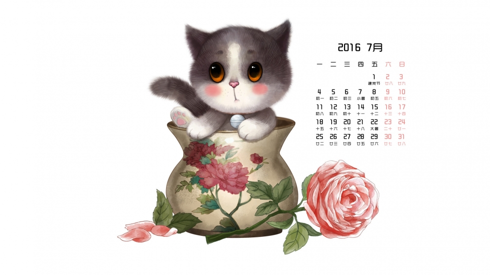 2016年7月日历花瓶猫桌面壁纸