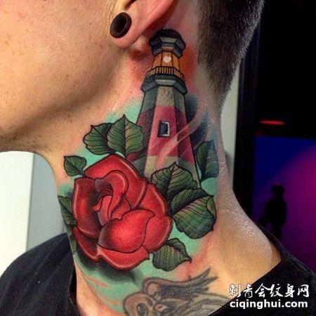 颈部玫瑰花灯塔纹身图案