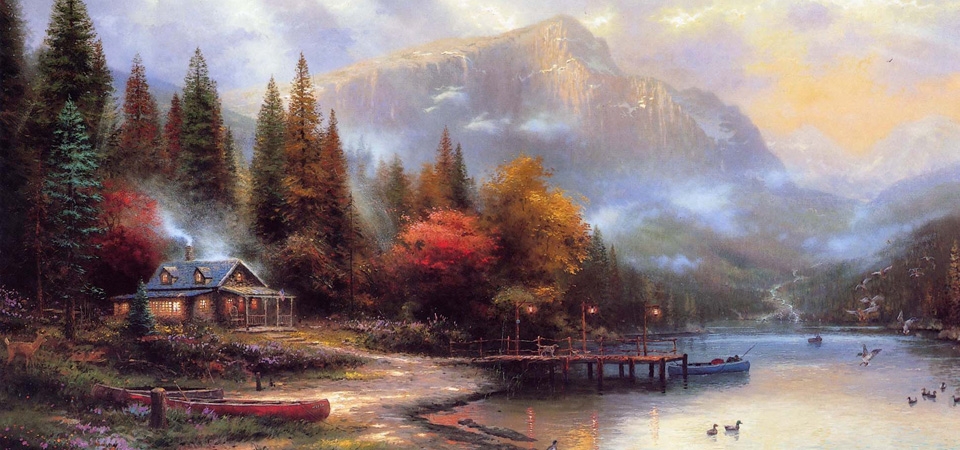 秋天,房子,河流,山脉,小鸭子,托马斯金凯德绘画风景电脑壁纸