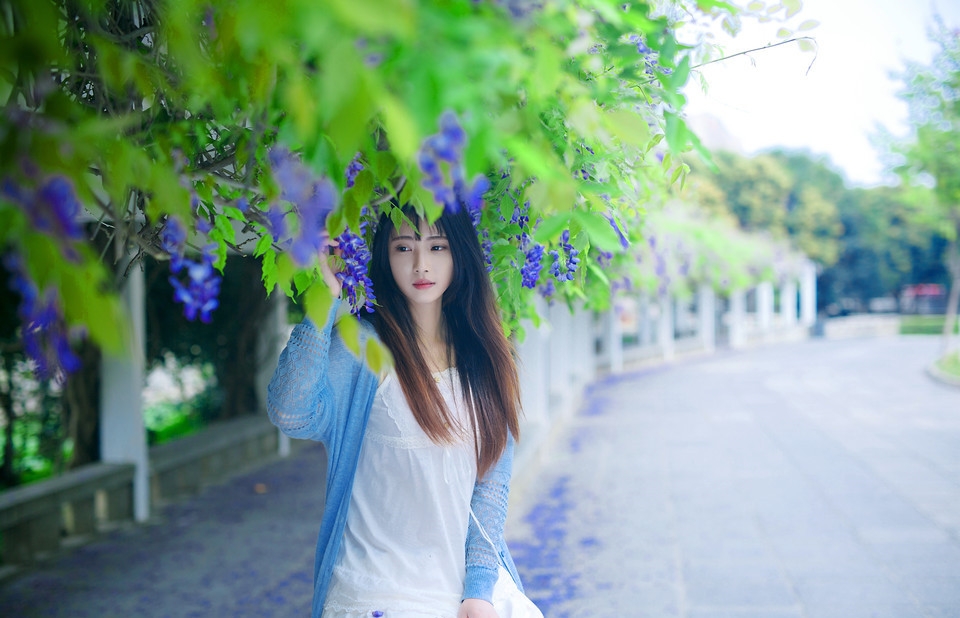 紫藤花下清新意境的女生图片