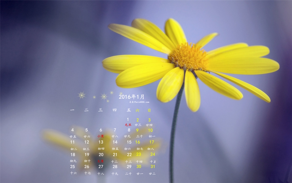 2016年1月日历唯美简约意境桌面壁纸下载1