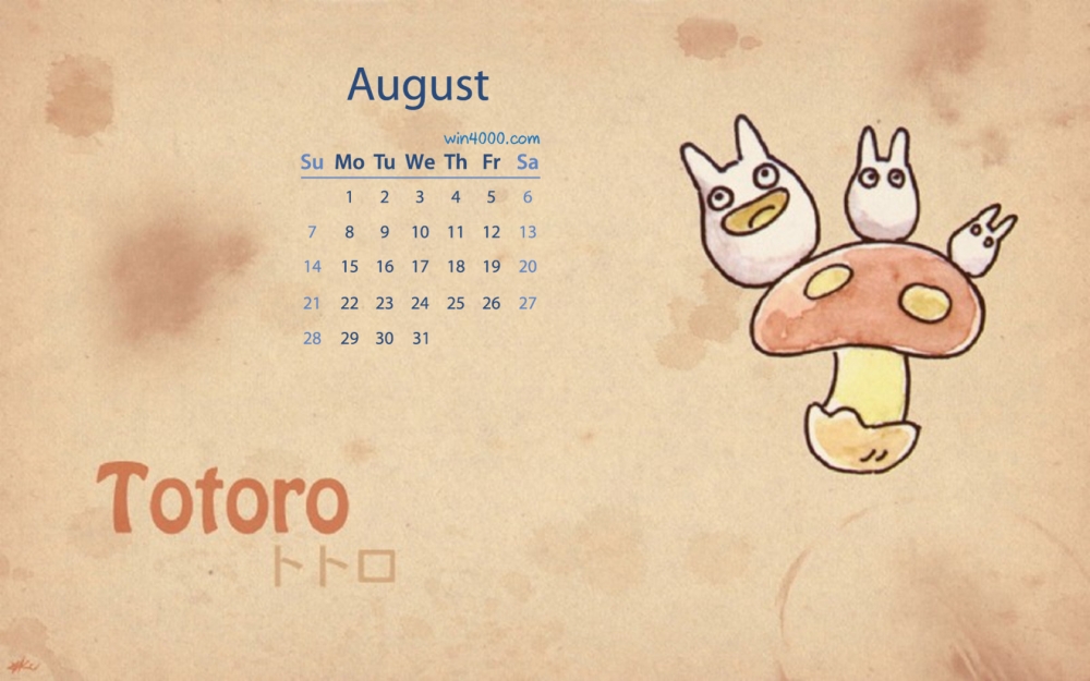 2016年8月日历可爱龙猫唯美手绘图片电脑桌面壁纸下载