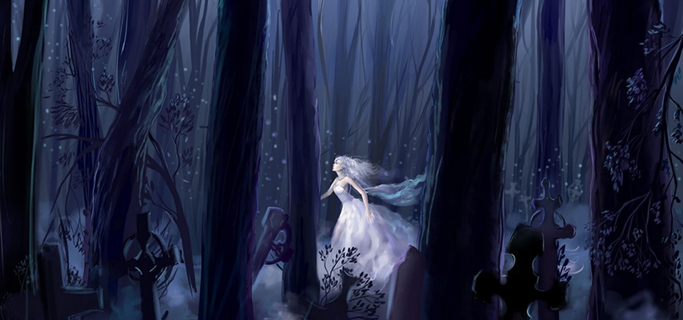 女孩,森林,夜,跑步,白色礼服,壁纸