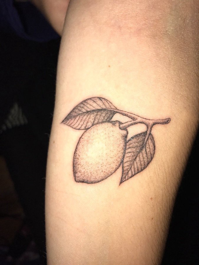 男生手臂上黑灰点刺简单线条植物柠檬纹身图片