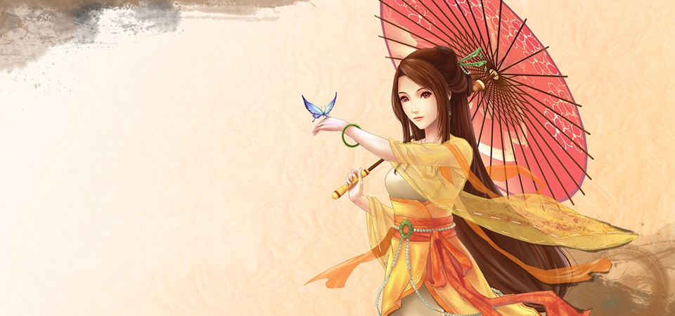 中国风,撑伞的女孩子,长长的头发,宽屏幕桌面壁纸