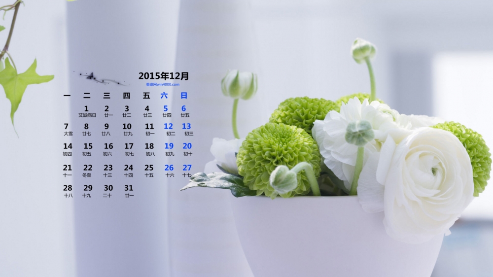 2015年12月日历精选简约风格清新盆栽植物壁纸
