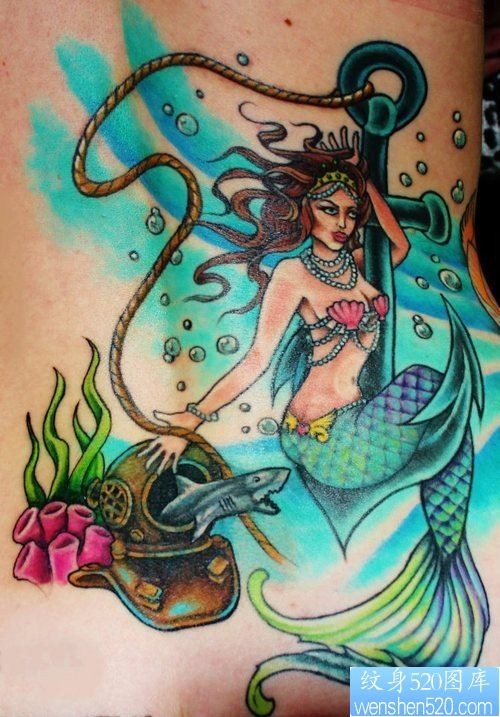 腰部彩色美人鱼船锚纹身图案