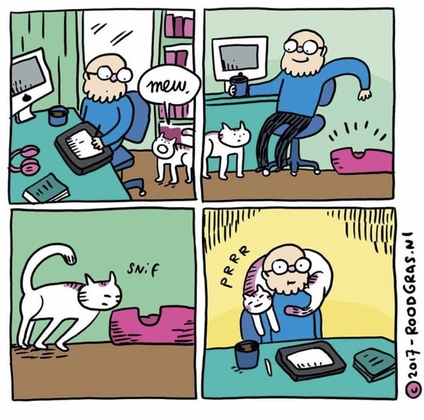 老人与猫咪的生活日常可爱插画图片