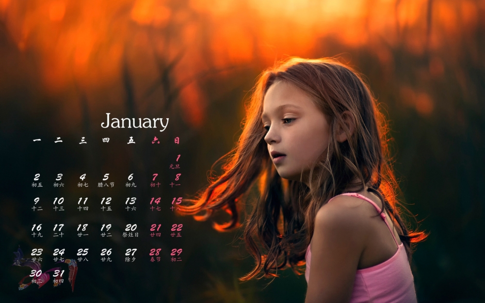 2017年1月可爱女孩宽屏桌面日历壁纸