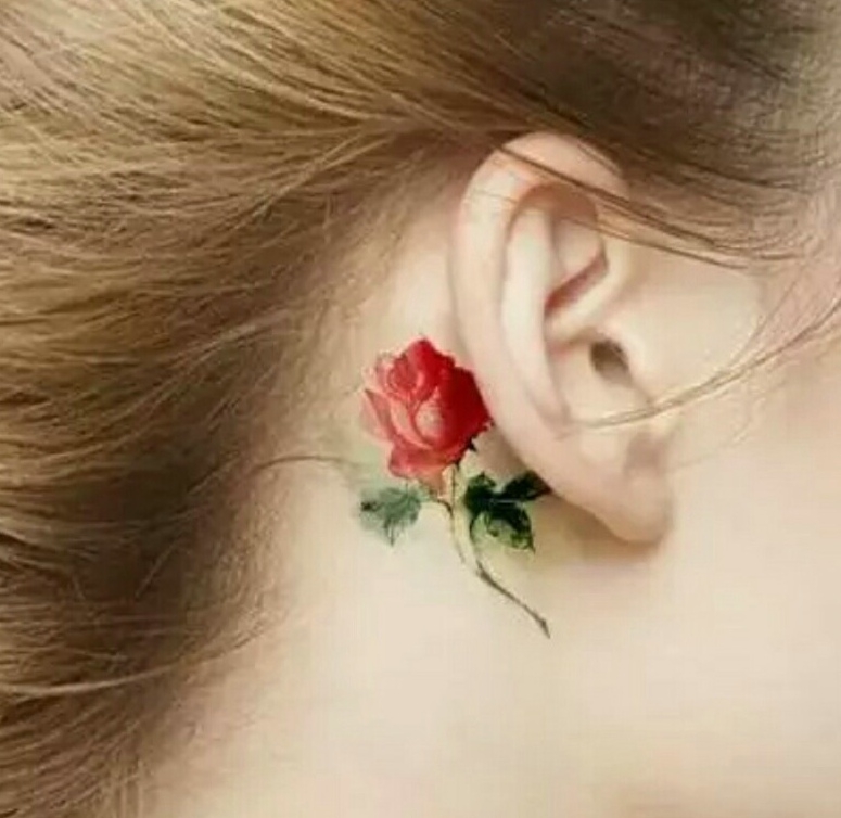 一组耳后的玫瑰花纹身图片