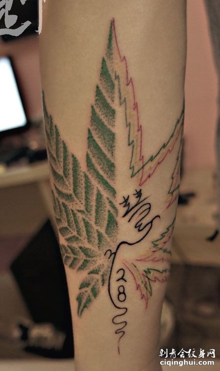 小腿树叶与文字纹身图案图片