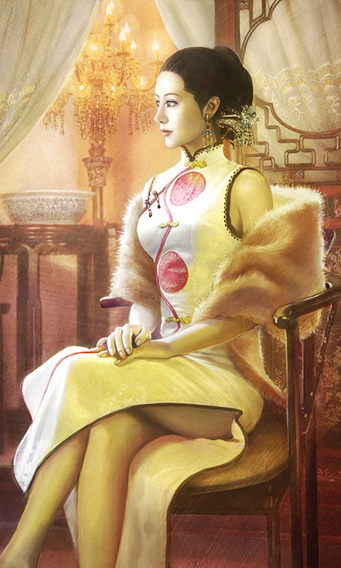性感民国旗袍美女插画图手机壁纸下载