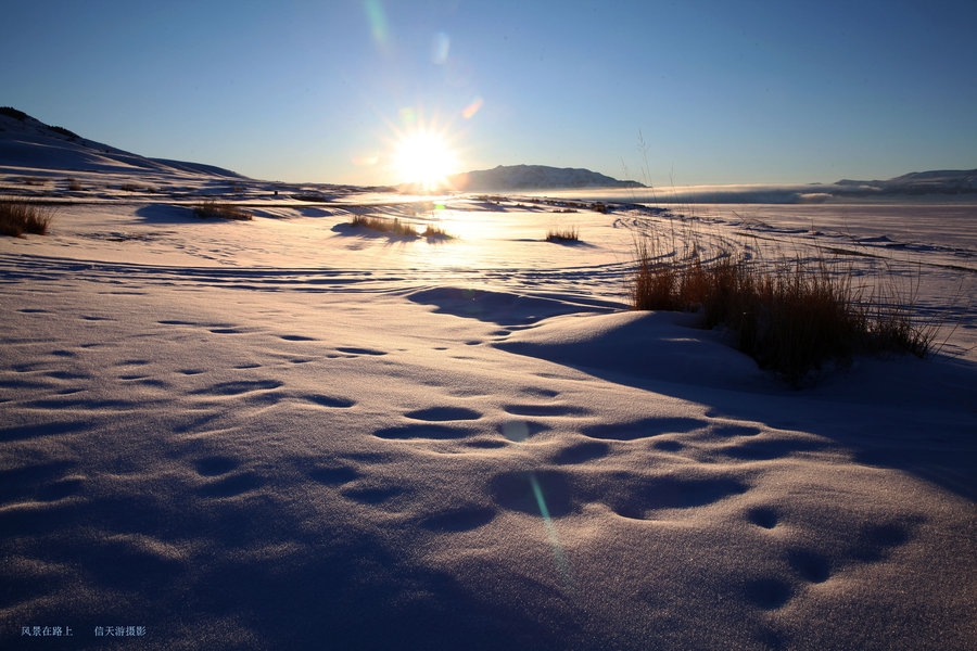 夕阳下的雪地风景图片