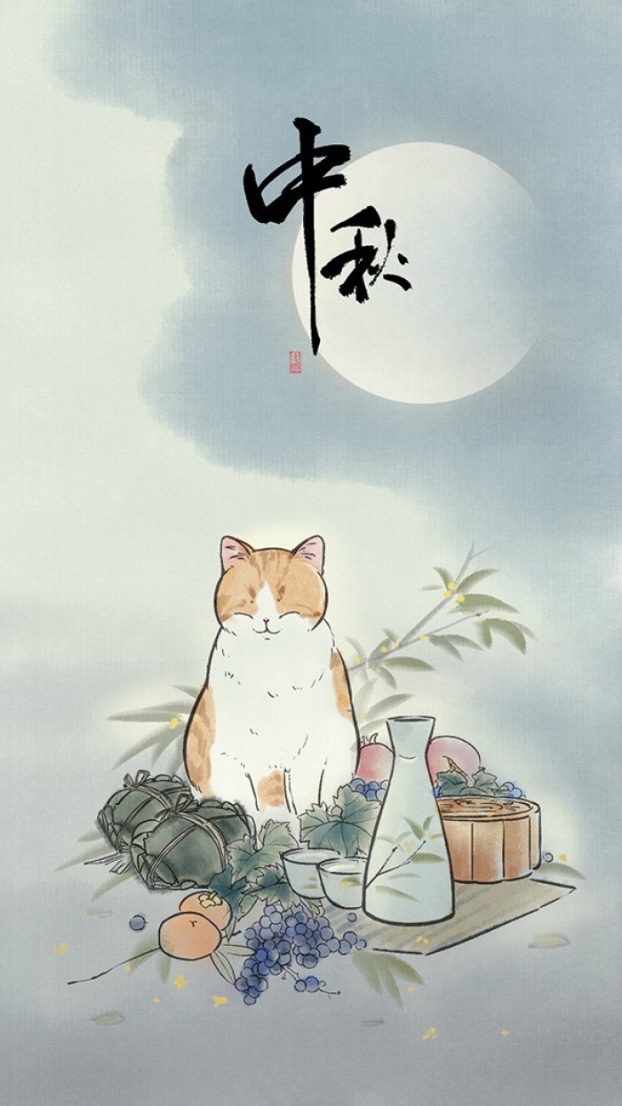 四季与猫可爱水墨画图片