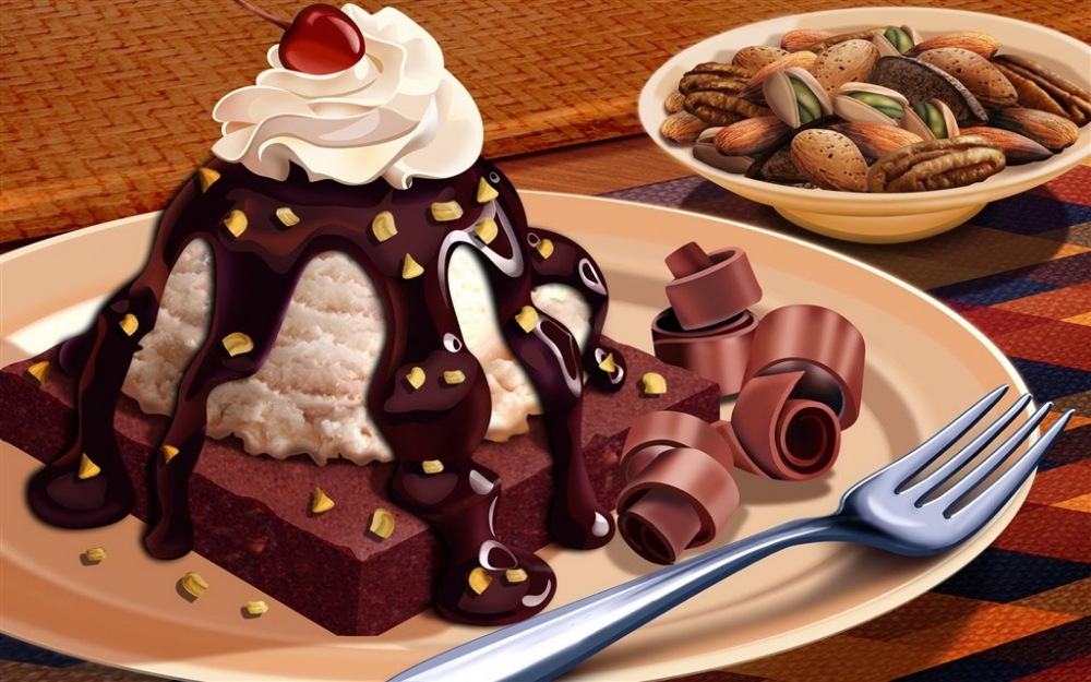 巧克力蛋糕和坚果美食图片