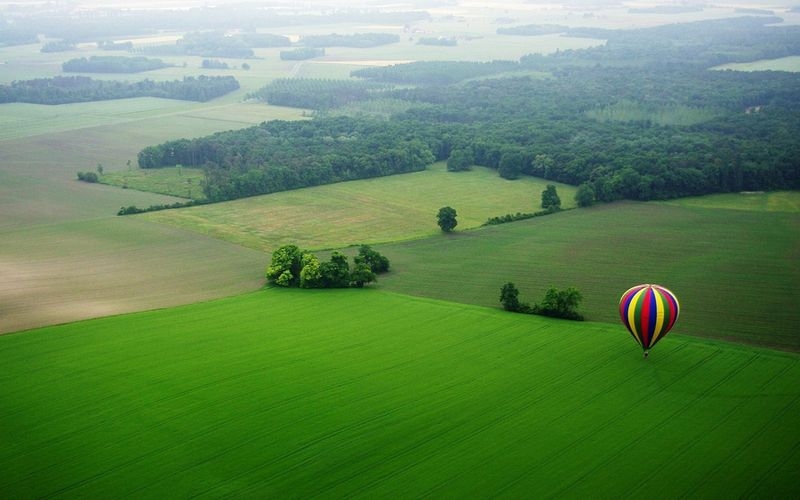 绿色田野里冉冉升起的热气球小清新壁纸图片