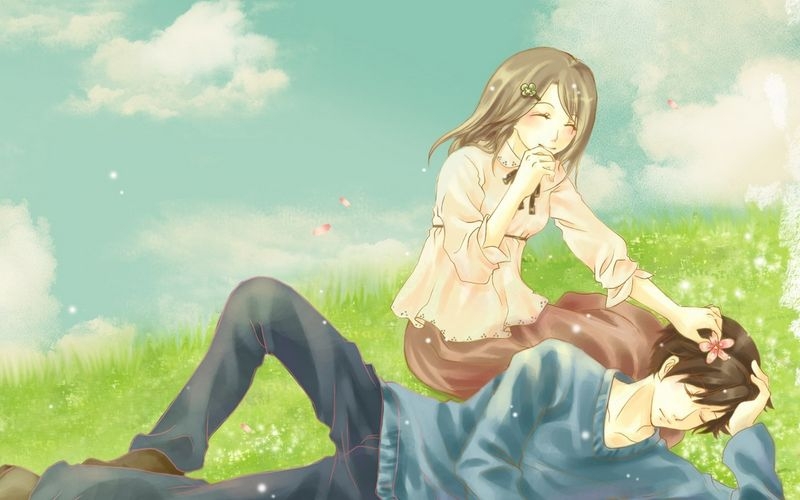 大草原上的情侣甜美卡通动漫壁纸图片