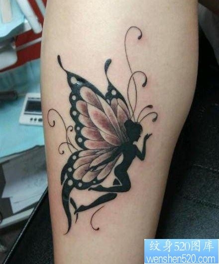 女人腿部个性的黑灰蝴蝶精灵纹身图片