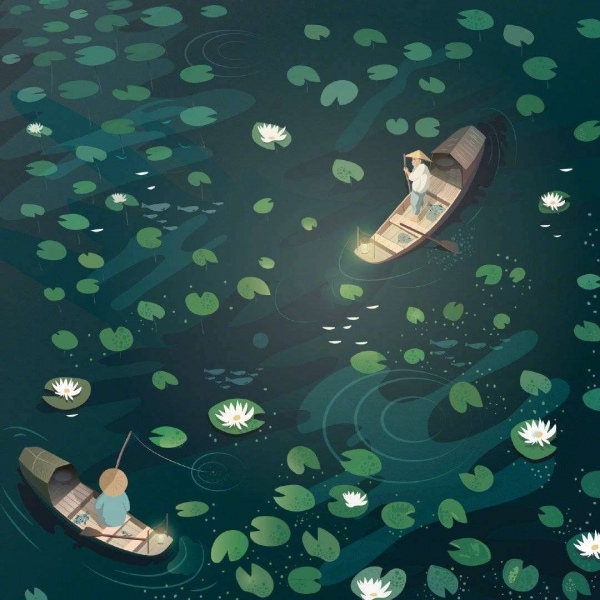 荷塘中的一叶扁舟手绘卡通可爱图片