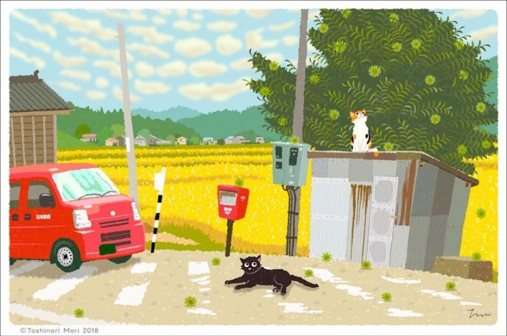 插画师Toshinori Mori笔下旅行的猫可爱卡通图片