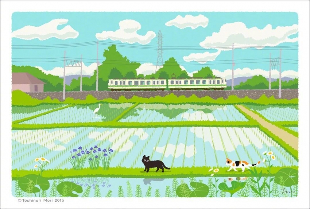 插画师Toshinori Mori笔下旅行的猫可爱卡通图片