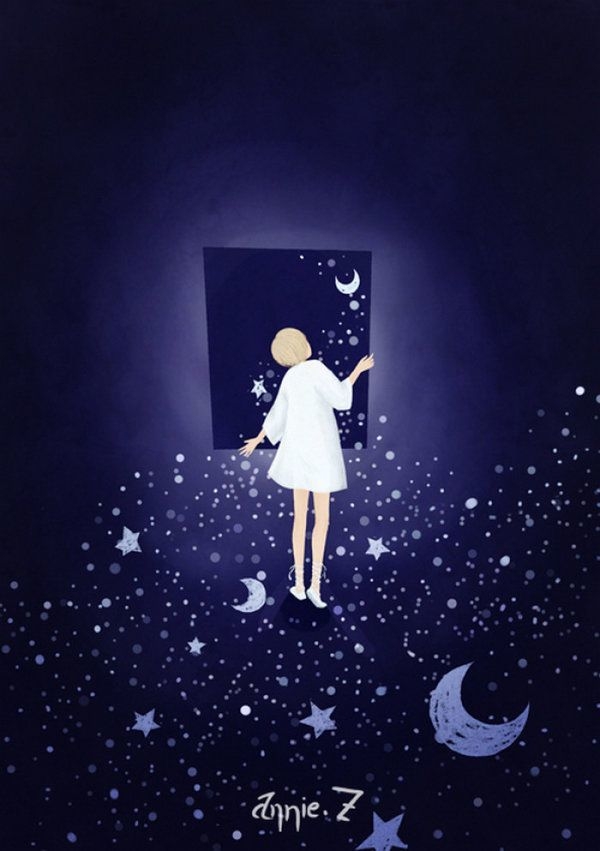 午夜梦幻星空下的小女孩唯美卡通动漫手机锁屏壁纸图片