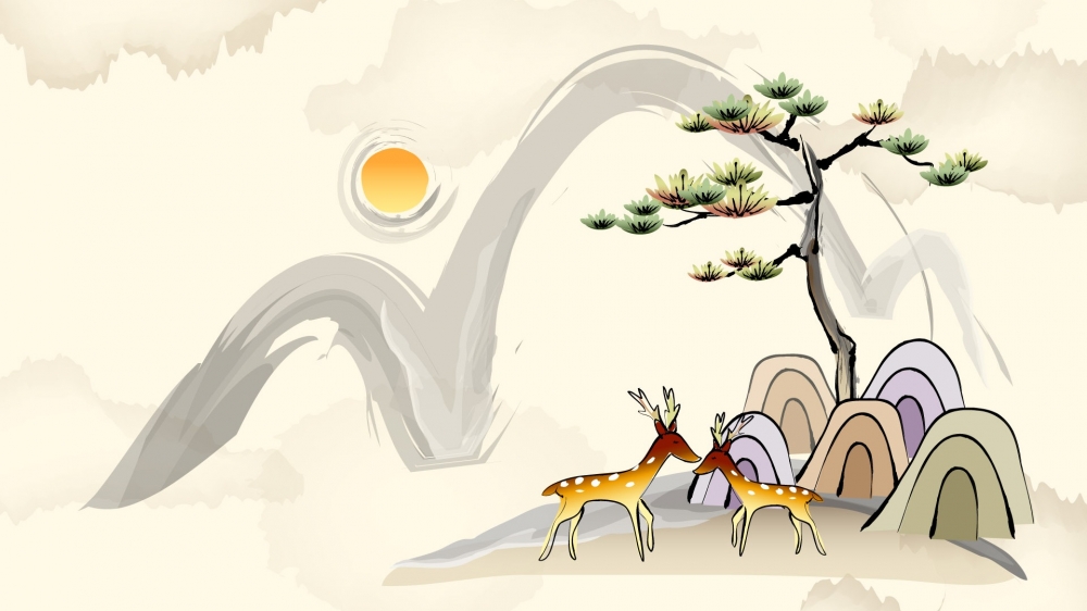 中国风花草树木水彩笔墨画高清宽屏电脑壁纸图片