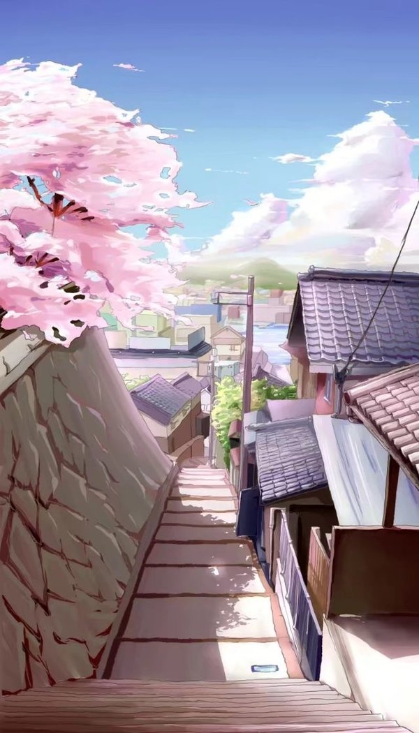 美丽梦幻的日本动漫樱花飘满整个城市街道清新唯美背景图片
