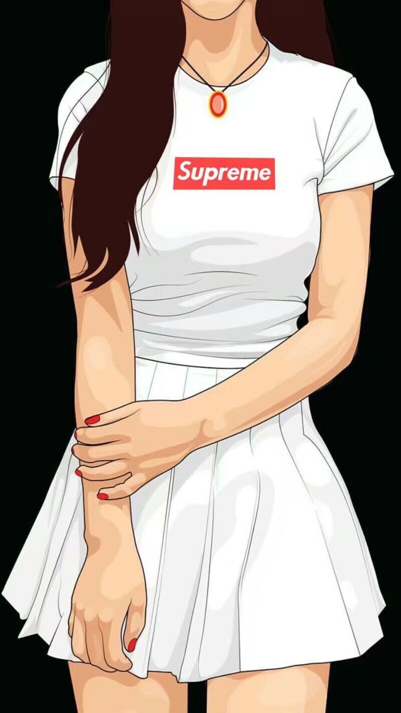 手绘穿着SupremeT恤的超酷女孩卡通动漫手机壁纸图片
