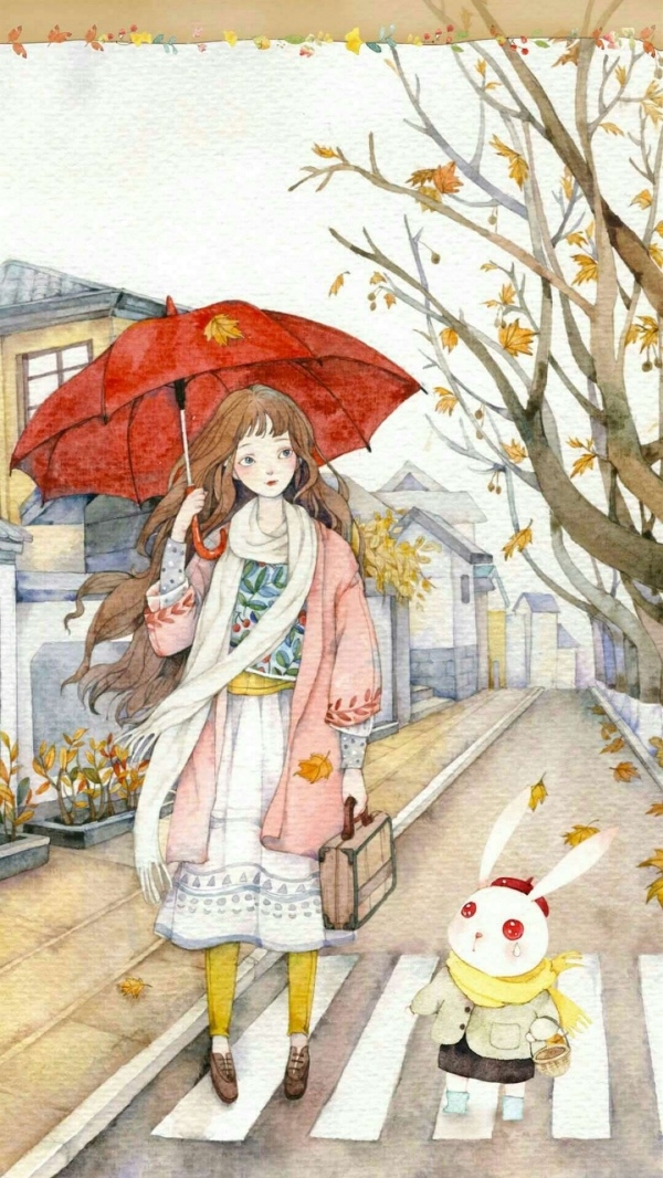 文艺复古的动漫大波浪美女马路上撑伞秋风落叶女生壁纸图片