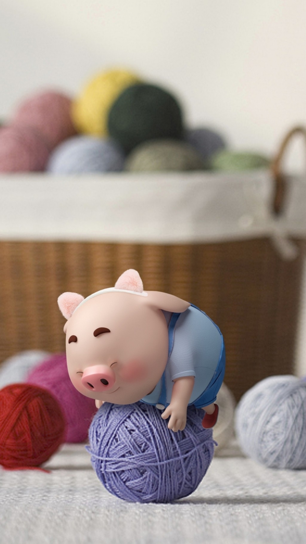 可爱的动漫猪玩毛线球的小清新唯美图片
