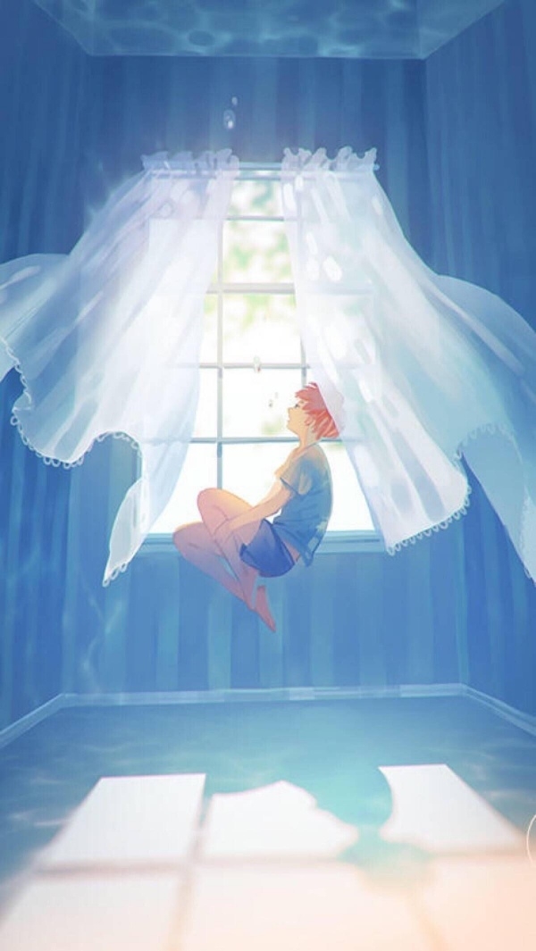 梦幻唯美的卡通动漫夏日短裤少年窗户边忧郁背影图片