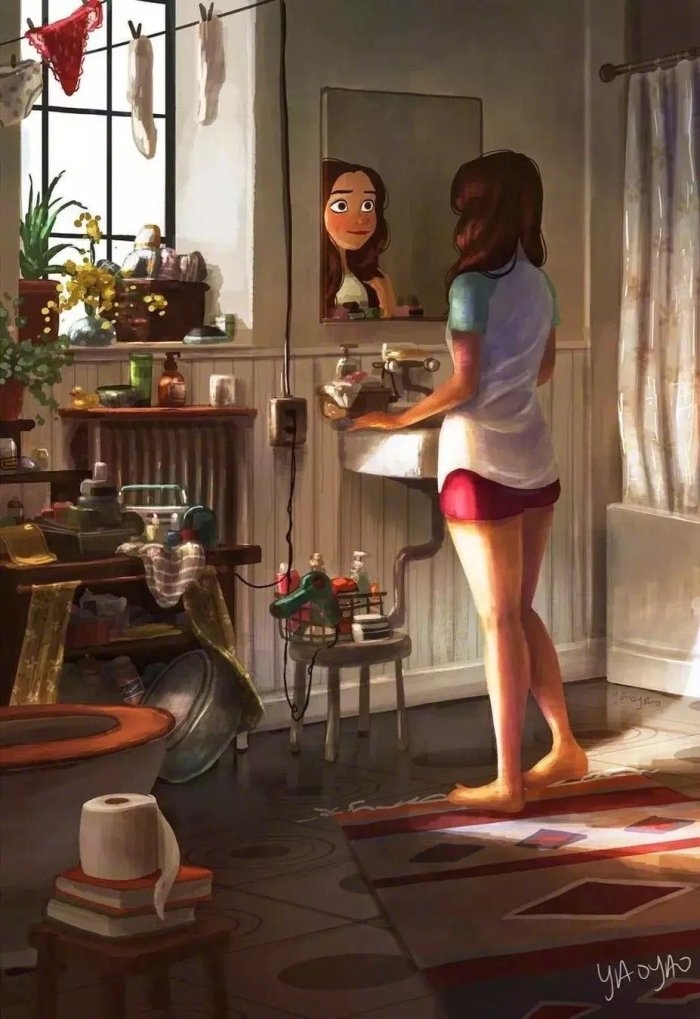欧美动漫画风女生跟宠物一个人的独居生活日常图片