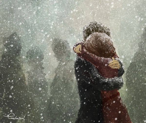 冬天下雪街头拥抱接吻的情侣卡通简单手绘小清新壁纸图片