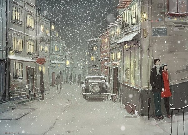 冬天下雪街头拥抱接吻的情侣卡通简单手绘小清新壁纸图片