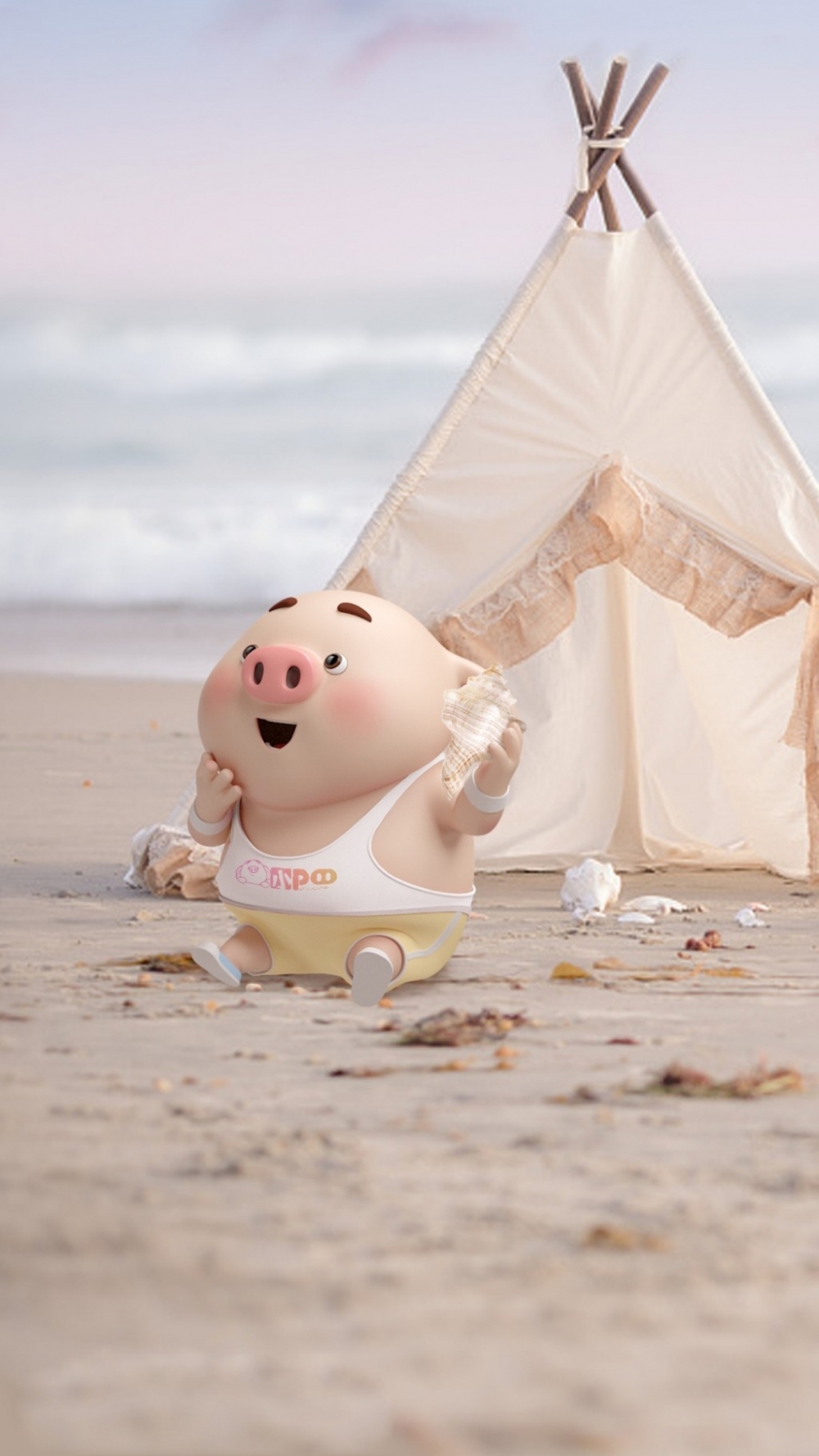 大海边沙滩露营的猪小屁可爱卡通动漫手机全屏壁纸图片