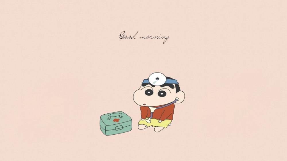 早上好英文Good morning蜡笔小新纯色背景简约动漫卡通电脑桌面壁纸