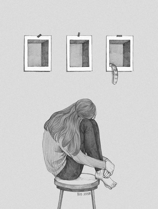 单身孤独的女生伤感背影很有艺术感的卡通动漫手绘苹果手机壁纸