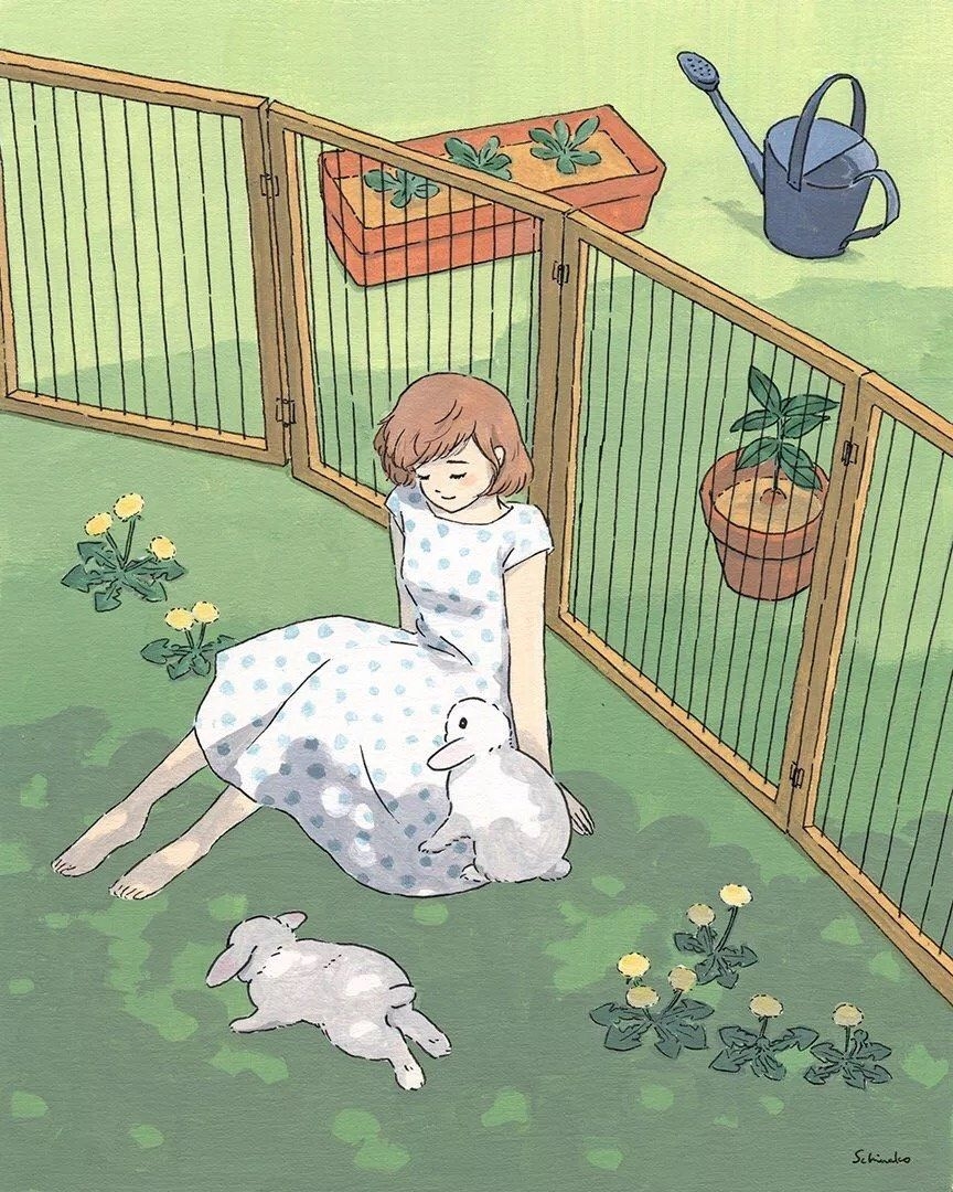 日系画风卡通动漫可爱的小兔子与美女小清新唯美手机高清壁纸