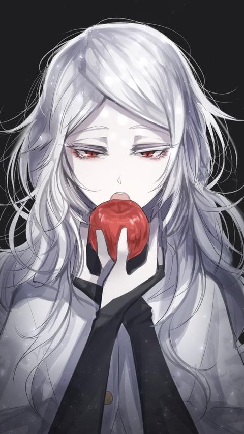 吃苹果的二次元动漫暗黑系少女银发红眼睛冷艳诱人手绘图片